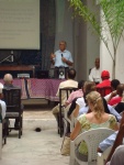 Professor Abdul Sharif teaches the audience about heritage issues in Stone Town.
